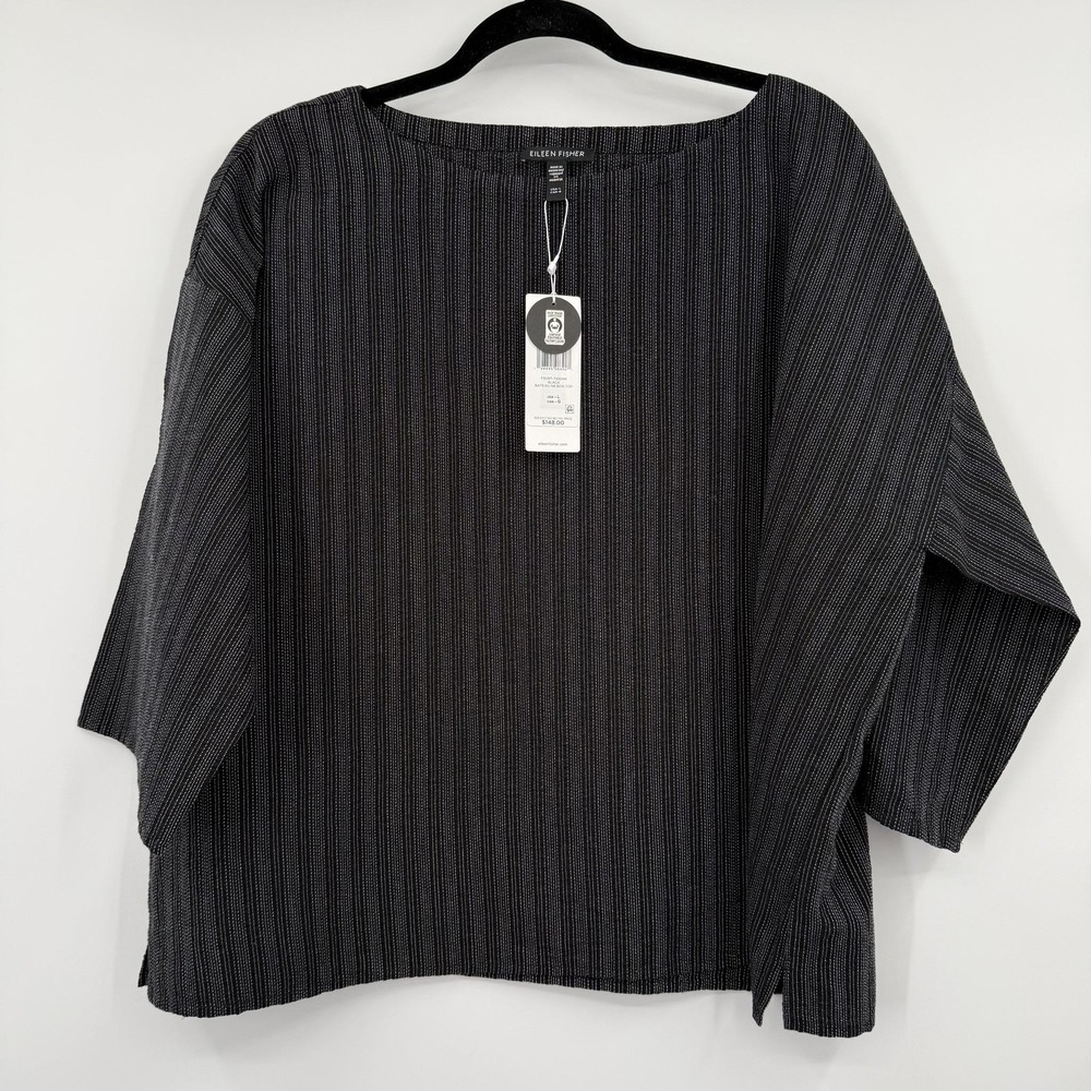 EILEEN FISHER Blouse Womens Large Black Striped Tunic Bateau Box Top